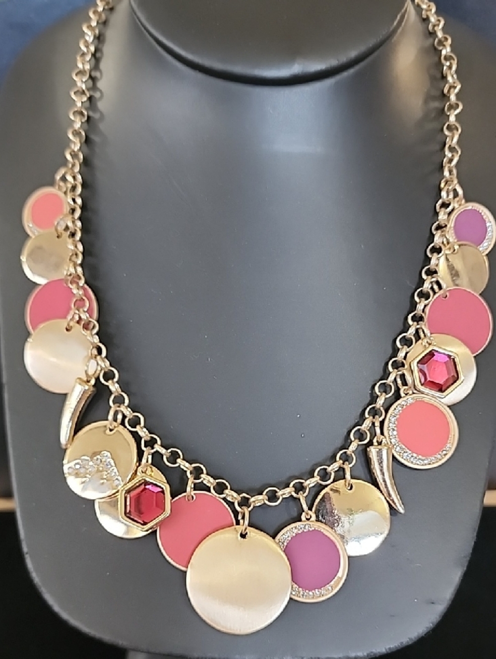 Gold-Tone Pink & Coral Disc Charm Necklace